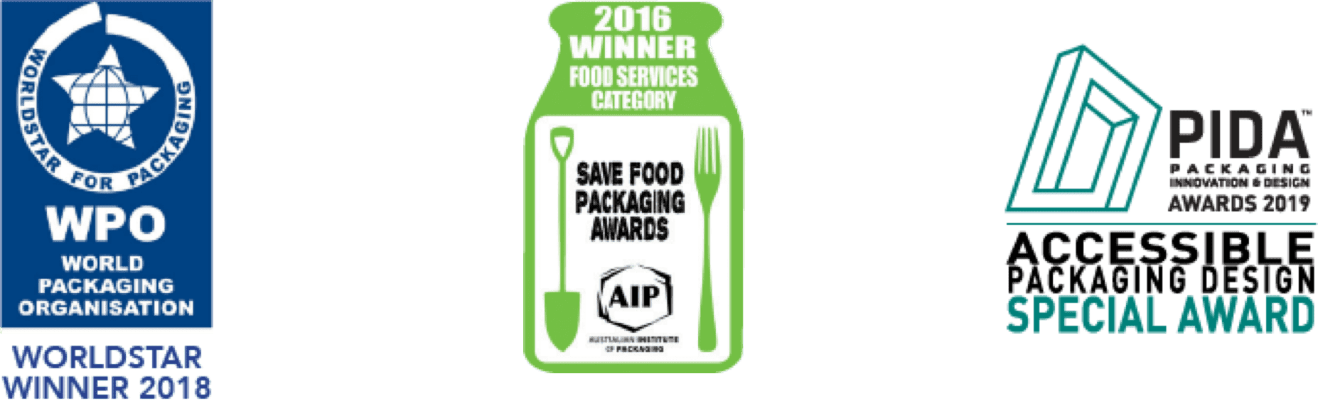 Logos: World Packaging Org, Save Food packaging Awards, Accessible Packaging Design Special Award